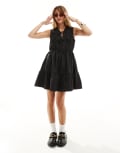 [YAS] YAS cotton poplin sleeveless mini dress with ruching and tie front detail in black XS Black
