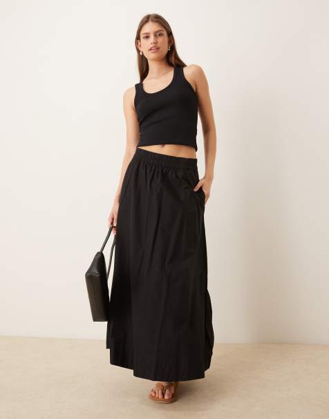 YAS cotton poplin volume maxi skirt in black