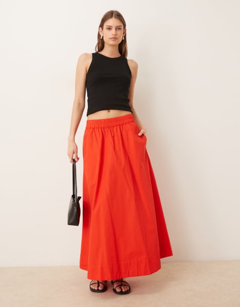 YAS cotton poplin volume maxi skirt in red