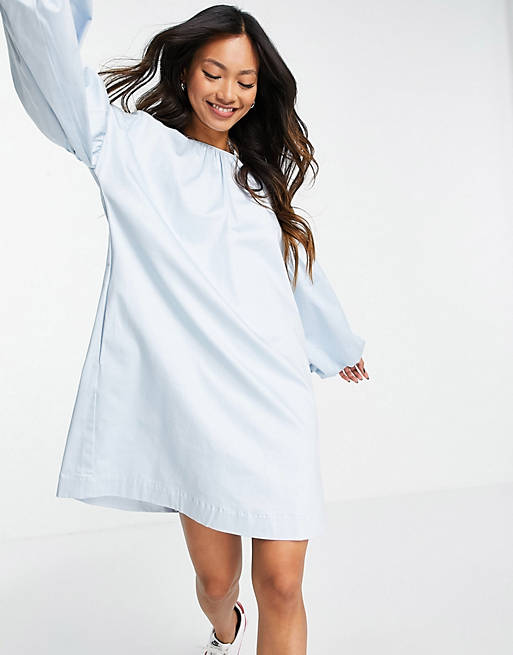 Y.A.S cotton smock dress with exaggerated balloon sleeve in blue