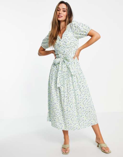 Y.A.S cotton tie waist midi dress in mint floral
