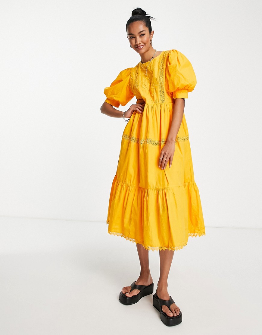 Y. A.S cotton tiered embroidered midi dress in orange - ORANGE