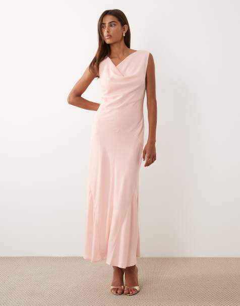 YAS cowl front satin maxi dress in blushing rose pink