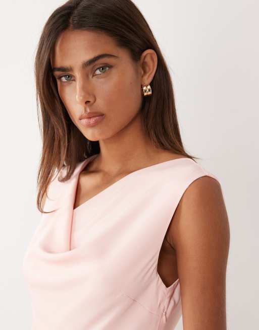 YAS cowl front satin maxi dress in blushing rose pink, 3 of 4