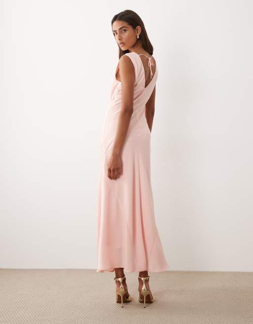YAS cowl front satin maxi dress in blushing rose pink, 4 of 4