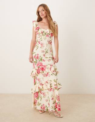 YAS - Cremehvid offshoulder-midikjole med flæser og lyserødt blomstermønster - view 1