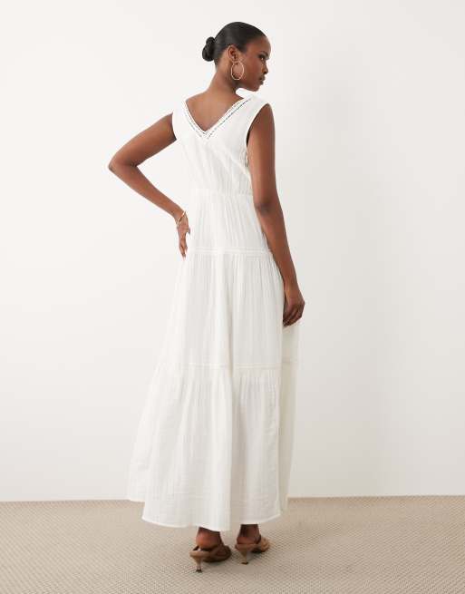 YAS crinkle cotton sleeveless crochet insert maxi dress in white, 4 of 4