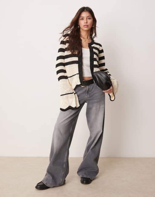 YAS crochet knit cardigan in black and cream stripe ASOS