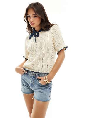 crochet knit short sleeve polo top with contrast navy and cream-Multi