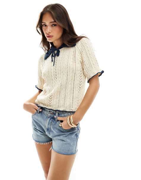 YAS crochet knit short sleeve polo top with contrast navy in cream - view 1