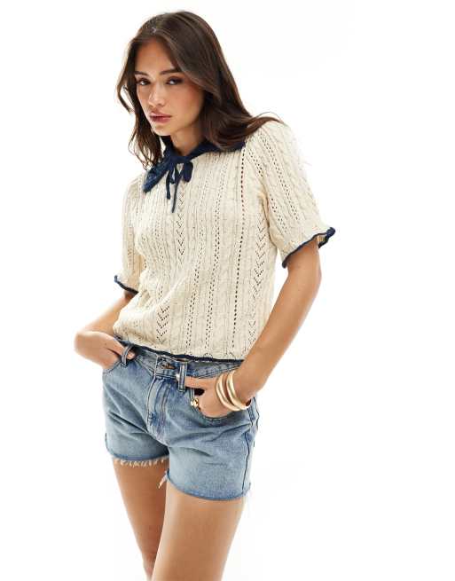 YAS crochet knit short sleeve polo top with contrast navy in cream