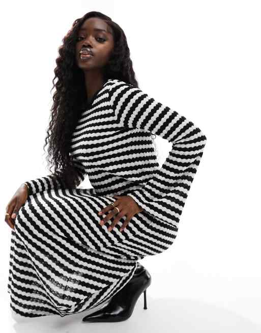 Y.A.S crochet knitted midi dress in black & white stripe