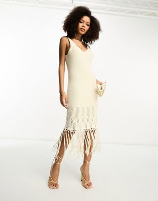 Y.A.S crochet maxi dress with fringe hem detail in cream-White