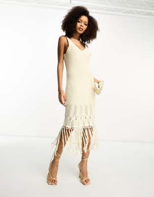 Y. A.S crochet maxi dress with fringe hem detail in cream-White