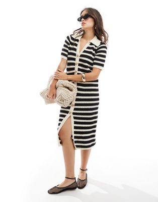 Y.a.s. Crochet Midi Dress In Black Stripe-multi