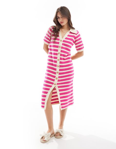 YAS crochet midi dress in pink stripe - MULTI - view 1