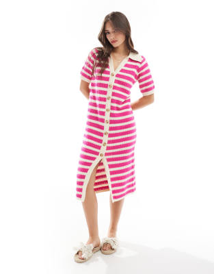 Y.A.S crochet midi dress in pink stripe