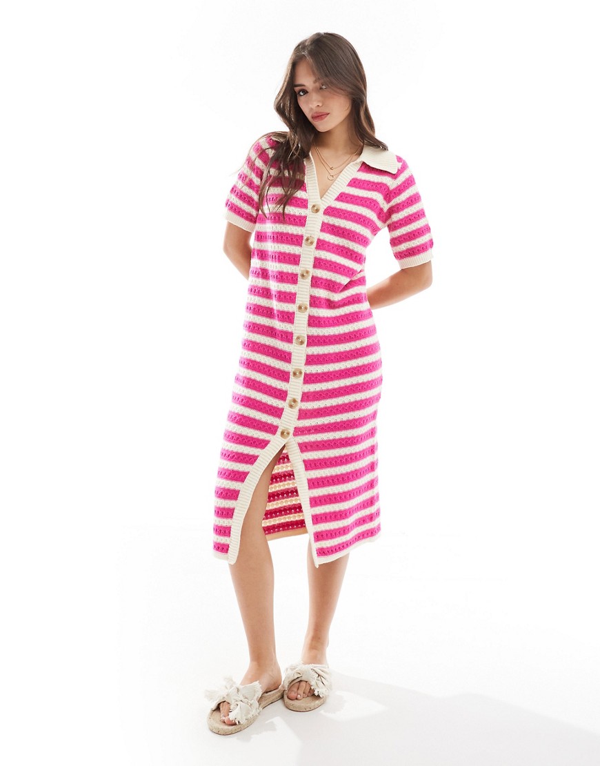 crochet midi dress in pink stripe-Multi
