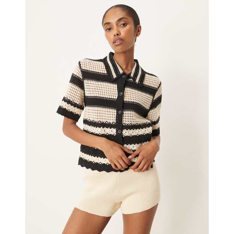 YAS crochet stripe short sleeve cardigan in black and cream | ASOS