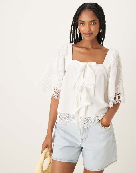 YAS crochet trim tie front square neck blouse in white - view 1