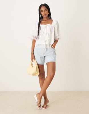 Y.a.s. Crochet Trim Tie Front Square Neck Blouse In White