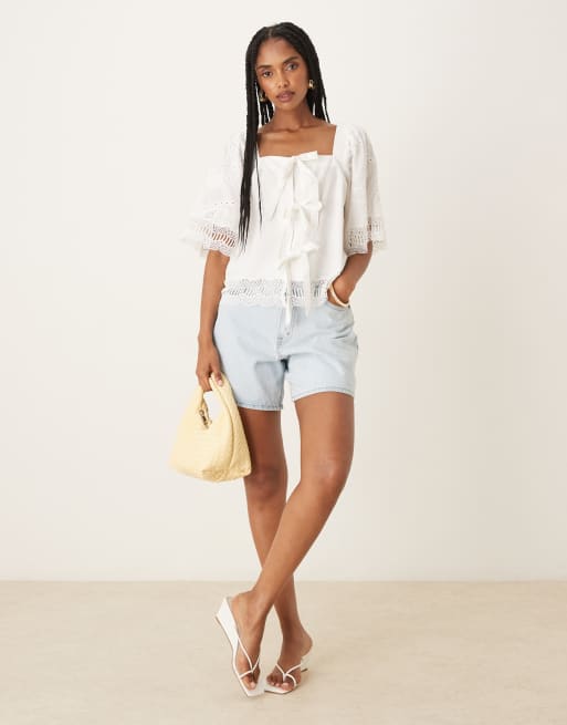 YAS crochet trim tie front square neck blouse in white
