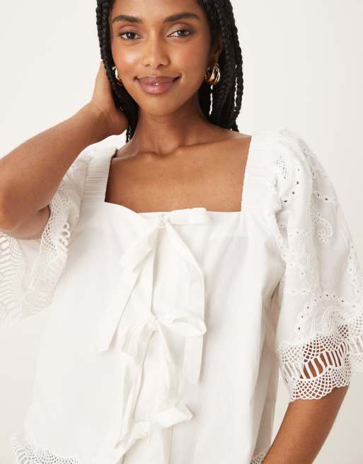 YAS crochet trim tie front square neck blouse in white