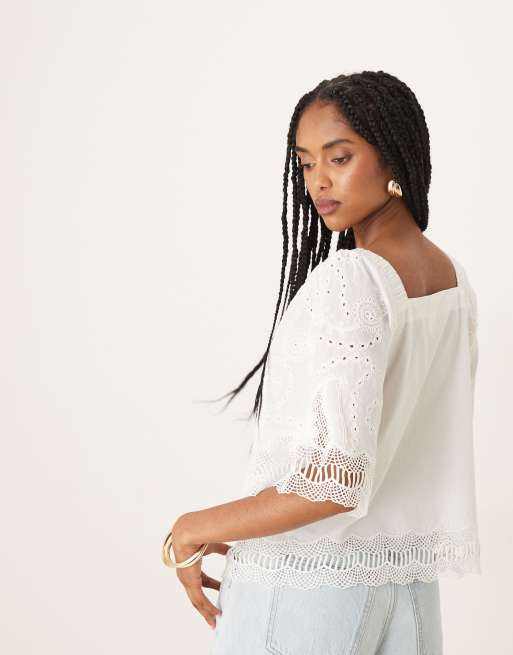 YAS crochet trim tie front square neck blouse in white