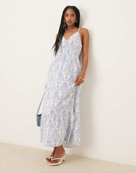YAS cross back cami maxi dress in blue and white tile print - view 1