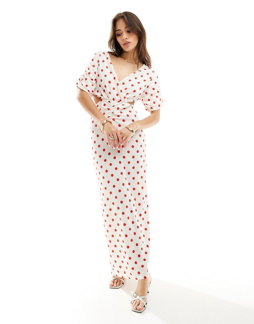 Y.a.s. Cut Out Side Maxi Dress With Puff Sleeve In White And Red Polka Dot-multi In Neutral