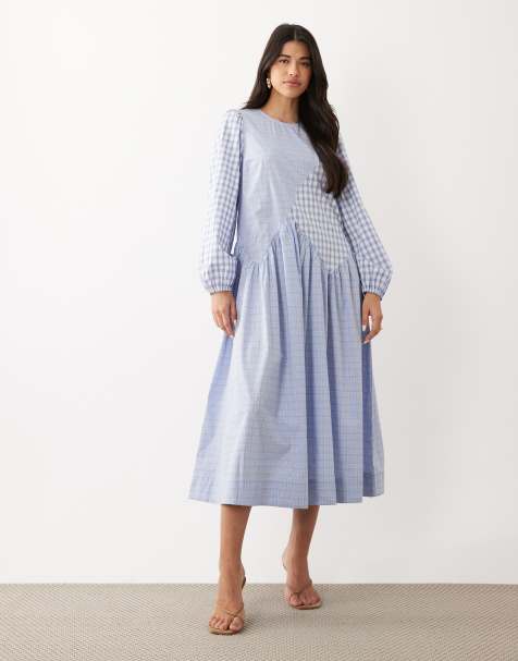 YAS cutabout seams mixed fabrics midi dress in mixed blue plaid print - view 1