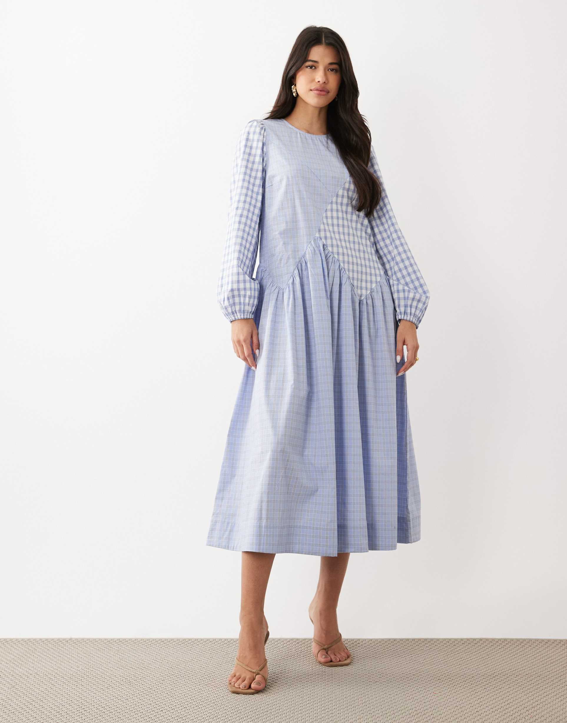 yas cutabout seams mixed fabrics midi dress in mixed blue plaid print