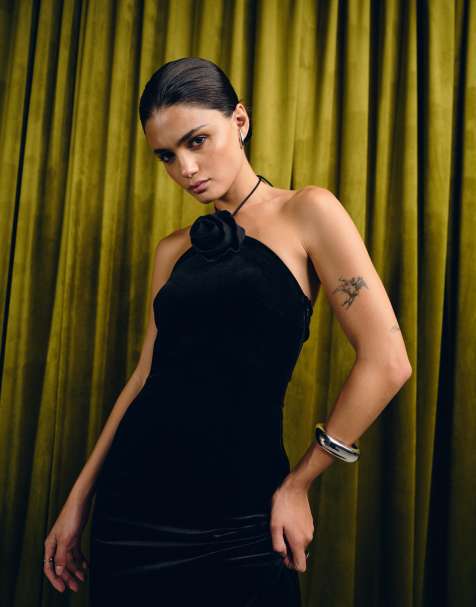 YAS velvet halterneck maxi dress with rosette in black