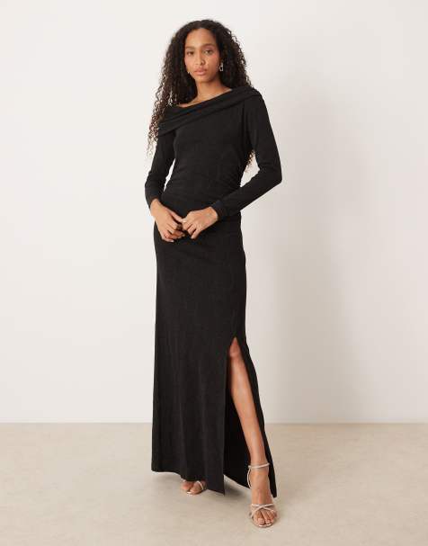 YAS off shoulder glitter midi dress with leg split in black