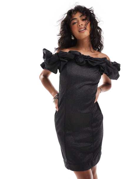 YAS ruffle off the shoulder bodycon mini dress in black shimmer