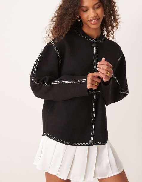 YAS contrast stitch knitted bomber jacket in black