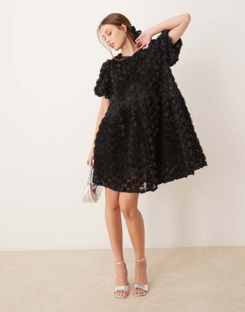 YAS 3D textured rose mini smock dress in black with shimmer gold
