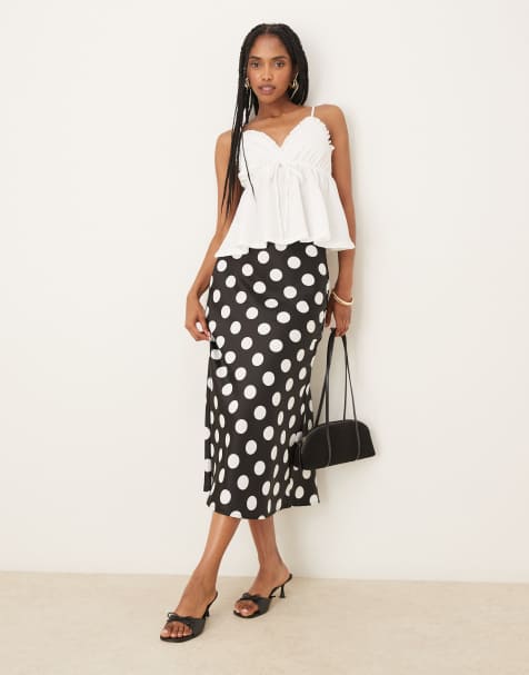 YAS satin midi skirt in black and white polka dot