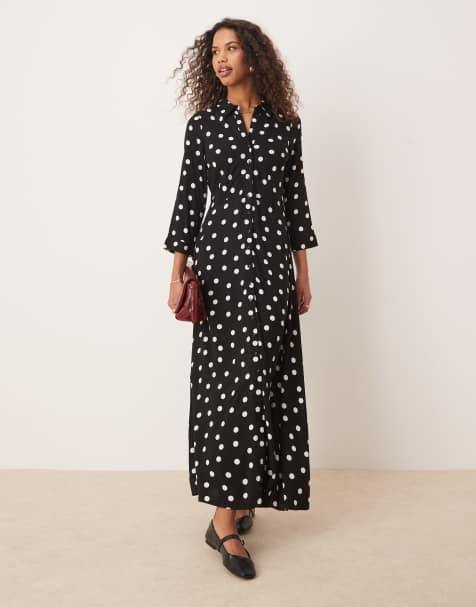 YAS – Czarna sukienka koszulowa maxi w groszki - view 1
