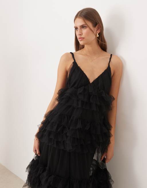 YAS – Czarna tiulowa sukienka maxi premium, 2 z 4