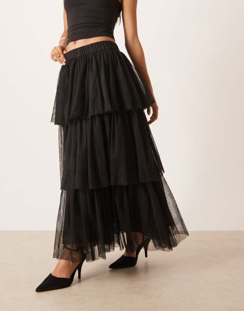 YAS tiered tulle midi skirt in black