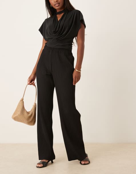 YAS plisse wide leg trousers in black