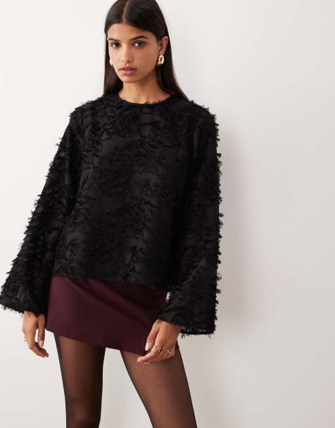 YAS fluffy textured woven top in black