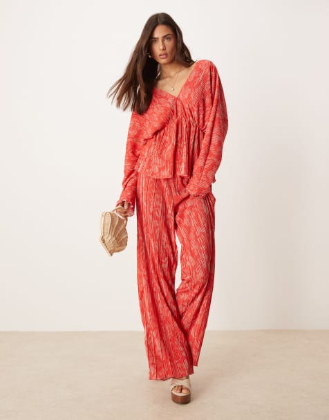 YAS floral printed plisse trouser co-ord in red and pink