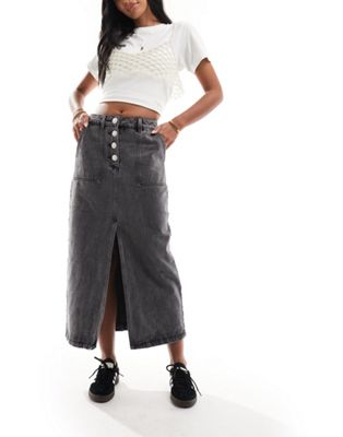 Y.A.S denim midi skirt with split front and jewel buttons in washed black
