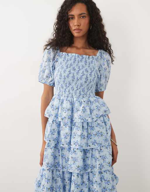 YAS ditsy floral puff sleeve ruffle maxi dress in blue, 3 of 4