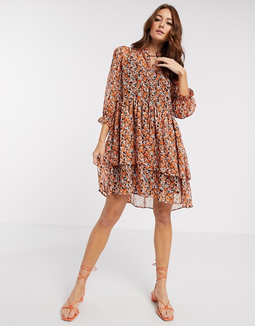 Y.A.S chiffon smock mini dress with ruffle neck in orange ditsy floral