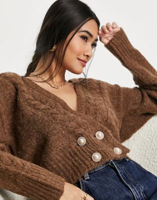 Y.A.S double breasted cardigan in chocolate