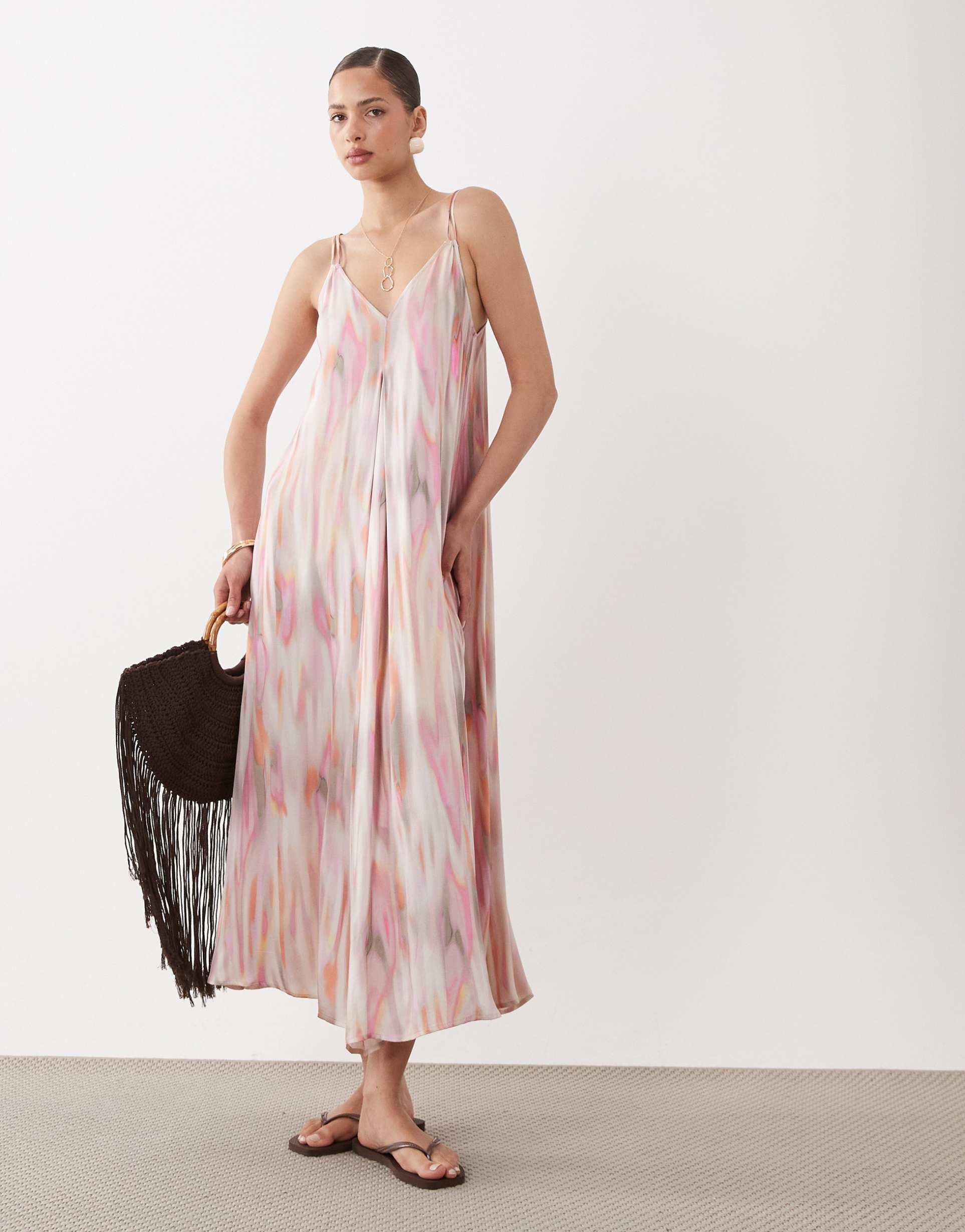 yas double cami strap drapey midi dress in soft peach tie dye print