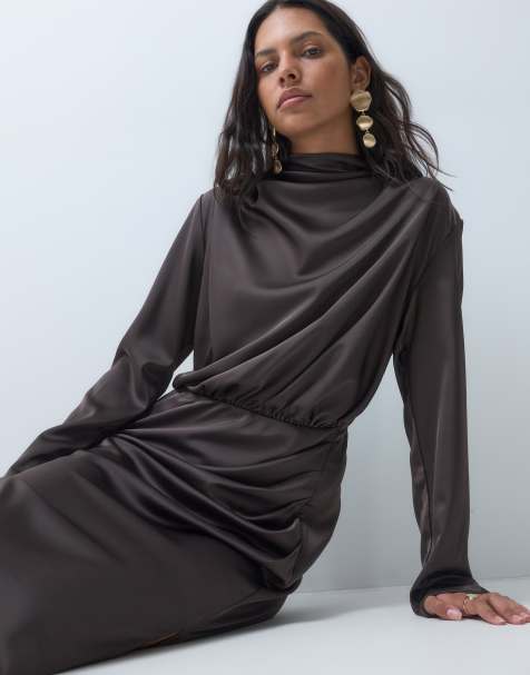YAS draped detail long sleeve maxi dress in chocolate brown